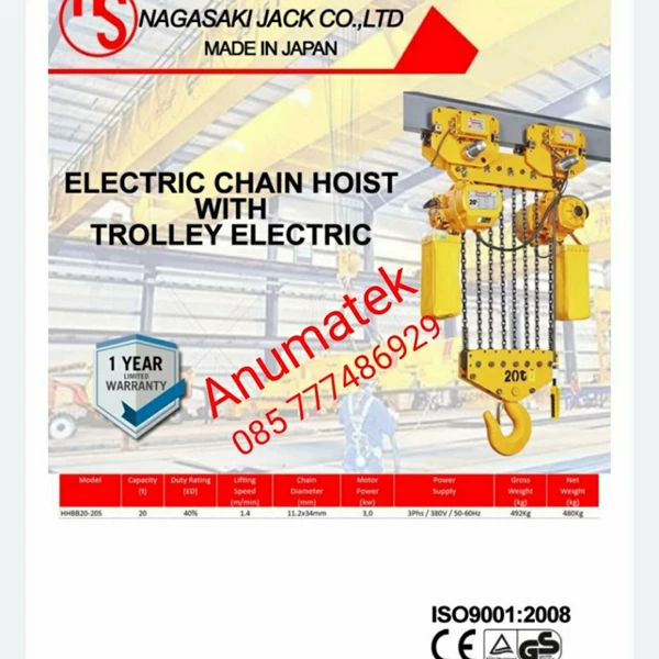 ELECTRIC CHAIN HOIST NAGASAKI 20 TON X 10 MTR 380V